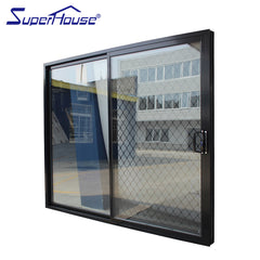 Black aluminium frame glass sliding doors with stainless steel security mesh on China WDMA