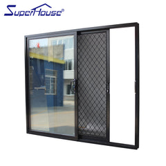 Black aluminium frame glass sliding doors with stainless steel security mesh on China WDMA