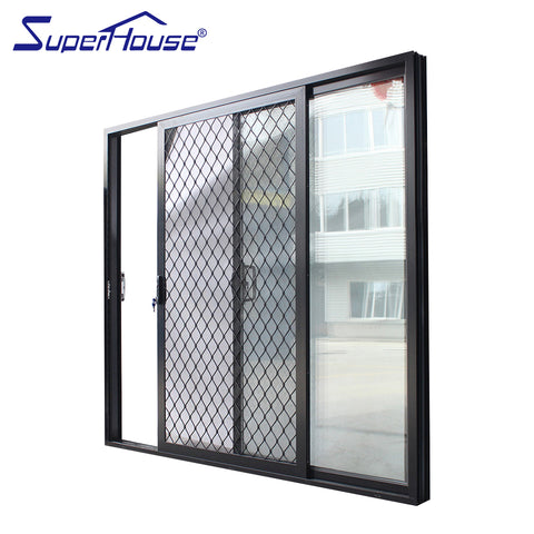 Black aluminium frame glass sliding doors with stainless steel security mesh on China WDMA