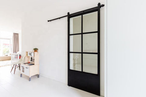 French Style Black Carbon Steel Sliding Frosted Glass Black Frame Barn Door with Soft Close on China WDMA