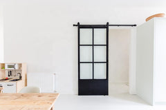 French Style Black Carbon Steel Sliding Frosted Glass Black Frame Barn Door with Soft Close on China WDMA