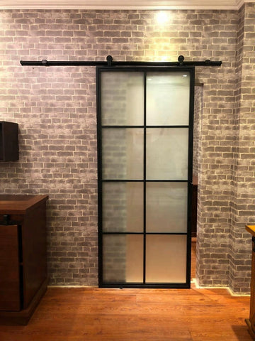 Frosted Glass Interior Door With Black Steel Frame, Steel insulated sliding barn door with hardware on China WDMA