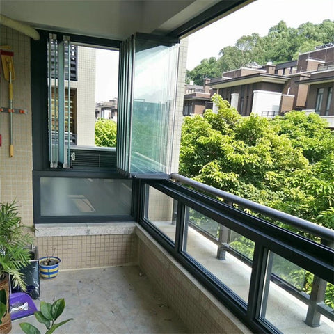 Aluminium Accordion Sliding Bi Fold Balcony Glazing Folding Invisible Frameless Double Glass Window With Thermal Break