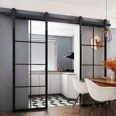 WDMA Modern design interior iron frame sliding door tempered glass steel insulated sliding barn door