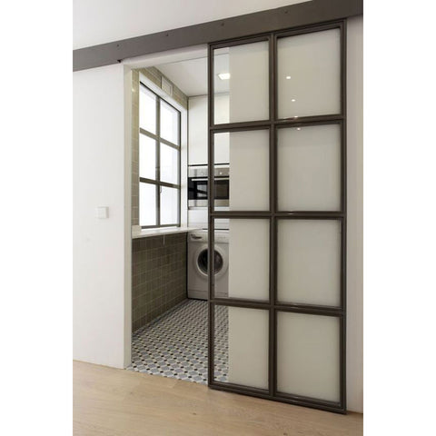 WDMA Modern design interior iron frame sliding door tempered glass steel insulated sliding barn door