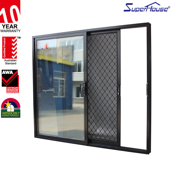 Black aluminium frame glass sliding doors with stainless steel security mesh on China WDMA