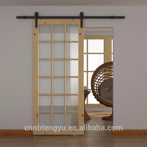 Hotel Home Solid Wood Frame Mirrored Barn Door / Frosted Tempered Glass Sliding Door with Hardware Track Kit on China WDMA