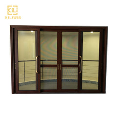 Large patio balcony wooden finish single tinted glass triple track aluminum sliding mosquito net door on China WDMA