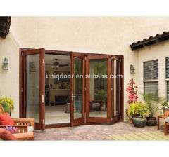 Lobby Entrance Door, Wood Patio Sliding French Folding Door With Clear Frosted Tempered Glass Panel on China WDMA