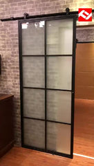 Frosted Glass Interior Door With Black Steel Frame, Steel insulated sliding barn door with hardware