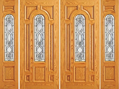 WDMA 120x84 Door (10ft by 7ft) Exterior Mahogany Prehung Center Arch Lite Home Double Door Two Sidelights 1