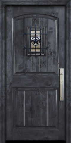 WDMA 32x80 Door (2ft8in by 6ft8in) Exterior Knotty Alder 80in Arch 2 Panel V-Grooved Estancia Alder Door with Speakeasy 2