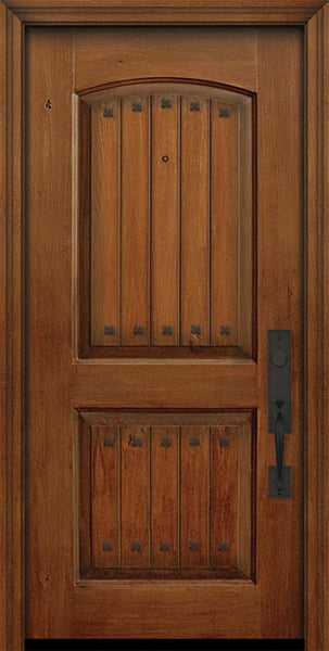 WDMA 32x80 Door (2ft8in by 6ft8in) Exterior Knotty Alder 80in 2 Panel Arch V-Grooved Door with Clavos 1