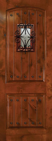 WDMA 32x96 Door (2ft8in by 8ft) Exterior Knotty Alder 96in Arch 2 Panel V-Grooved Estancia Alder Door with Speakeasy / Clavos 1