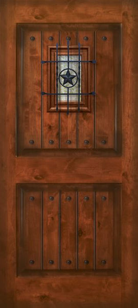 WDMA 42x80 Door (3ft6in by 6ft8in) Exterior Knotty Alder 42in x 80in 2 Panel Square V-Grooved Estancia Alder Door with Speakeasy / Clavos 1