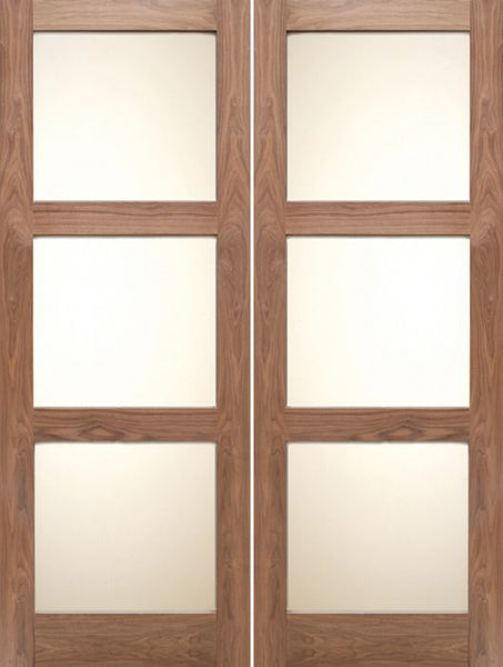 WDMA 48x80 Door (4ft by 6ft8in) Interior Barn Walnut 3 Lite Shaker Double Door w/ Matte Glass SH-19 1