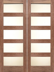 WDMA 48x80 Door (4ft by 6ft8in) Interior Barn Walnut 4 Lite / 5 Lite Shaker Double Door w/ Matte Glass SH-20 1