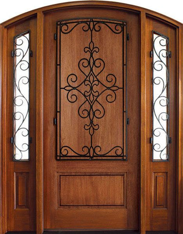 WDMA 52x96 Door (4ft4in by 8ft) Exterior Mahogany Trinity Solid Panel Single/2 Iron Sidelight Arch Top w Gilford Iron 1