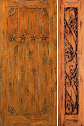 WDMA 54x80 Door (4ft6in by 6ft8in) Exterior Knotty Alder Prehung Door with One Sidelight Carved 1