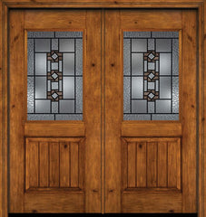 WDMA 60x80 Door (5ft by 6ft8in) Exterior Cherry Alder Rustic V-Grooved Panel 1/2 Lite Double Entry Door Mission Ridge Glass 1