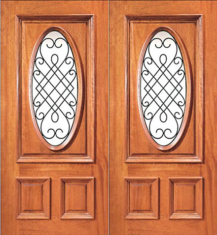 WDMA 64x80 Door (5ft4in by 6ft8in) Exterior Mahogany Insulated Oval Lite Double Door Ironwork 1