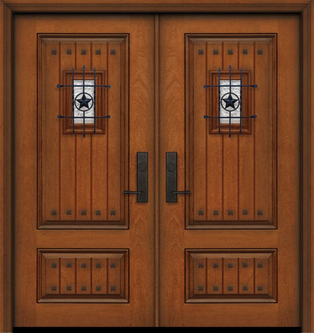 WDMA 64x80 Door (5ft4in by 6ft8in) Exterior Mahogany IMPACT | 80in Double 2 Panel Square V-Grooved Door with Speakeasy / Clavos 1