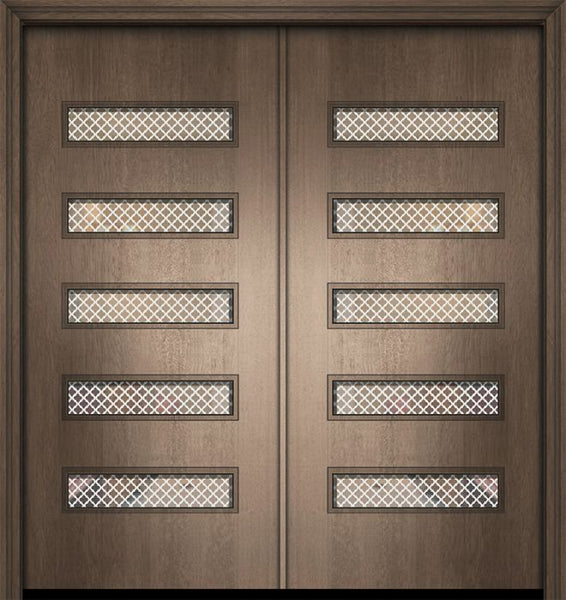 WDMA 64x80 Door (5ft4in by 6ft8in) Exterior Mahogany 80in Double Beverly Contemporary Door w/Metal Grid 1