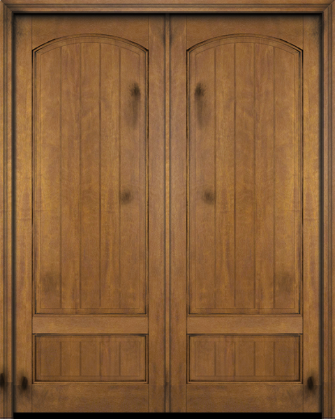 WDMA 64x96 Door (5ft4in by 8ft) Interior Swing Mahogany 2 Panel Arch Top V-Grooved Plank Exterior or Double Door 1