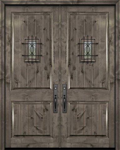 WDMA 64x96 Door (5ft4in by 8ft) Exterior Knotty Alder 96in Double 2 Panel V-Grooved Estancia Alder Door with Speakeasy 1