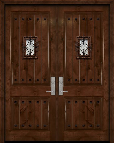 WDMA 64x96 Door (5ft4in by 8ft) Exterior Knotty Alder 96in Double 2 Panel V-Grooved Estancia Alder Door with Speakeasy / Clavos 1