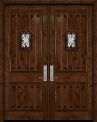 WDMA 64x96 Door (5ft4in by 8ft) Exterior Knotty Alder 96in Double 2 Panel V-Grooved Estancia Alder Door with Speakeasy / Clavos 1