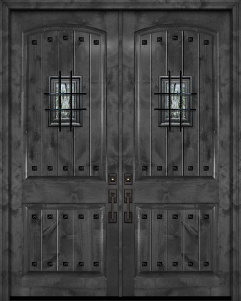 WDMA 64x96 Door (5ft4in by 8ft) Exterior Knotty Alder 96in Double Arch 2 Panel V-Grooved Estancia Alder Door with Speakeasy / Clavos 1