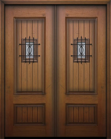 WDMA 64x96 Door (5ft4in by 8ft) Exterior Mahogany 96in Double 2 Panel Square V-Grooved Door with Speakeasy 1