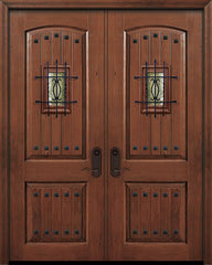 WDMA 64x96 Door (5ft4in by 8ft) Exterior Knotty Alder 96in Double 2 Panel Arch V-Groove Door with Speakeasy / Clavos 1