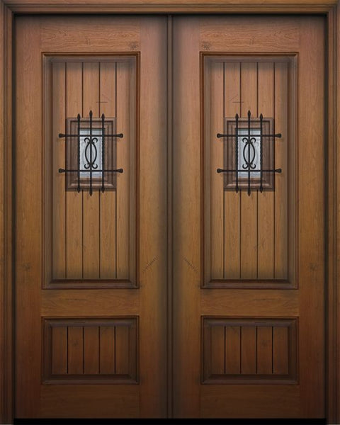 WDMA 64x96 Door (5ft4in by 8ft) Exterior Mahogany IMPACT | 96in Double 2 Panel Square V-Grooved Door with Speakeasy 1