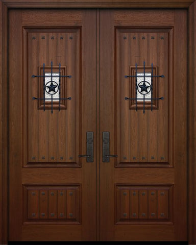 WDMA 64x96 Door (5ft4in by 8ft) Exterior Mahogany 96in Double 2 Panel Square V-Grooved Door with Speakeasy / Clavos 1