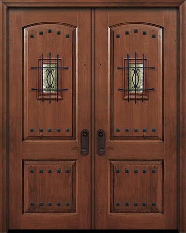 WDMA 64x96 Door (5ft4in by 8ft) Exterior Knotty Alder IMPACT | 96in Double 2 Panel Arch Door with Speakeasy / Clavos 1