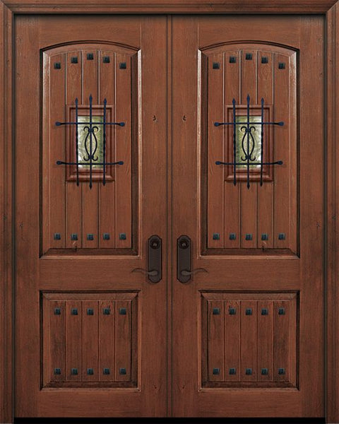 WDMA 64x96 Door (5ft4in by 8ft) Exterior Knotty Alder IMPACT | 96in Double 2 Panel Arch V-Groove Door with Speakeasy / Clavos 1