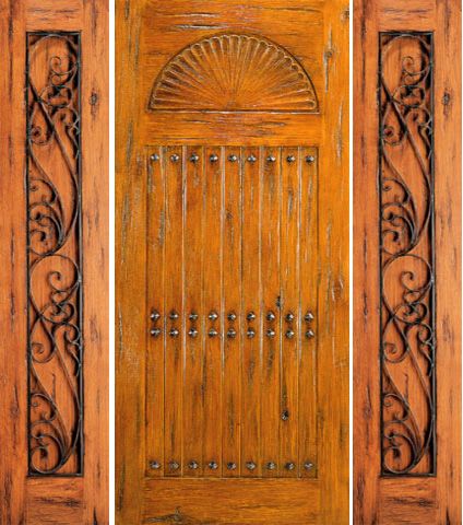 WDMA 66x80 Door (5ft6in by 6ft8in) Exterior Knotty Alder Prehung Door with Two Sidelights Carved 1