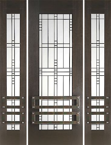 WDMA 66x96 Door (5ft6in by 8ft) Exterior Mahogany 2-1/4in Thick Modern Door Sidelights Matte Glass Iron Work 1