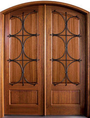 WDMA 68x78 Door (5ft8in by 6ft6in) Exterior Mahogany Tiffany Solid Panel Double Door/Arch Top w Lancaster Iron 1