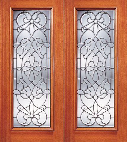 WDMA 72x84 Door (6ft by 7ft) Exterior Mahogany Floral Pattern Beveled Glass Double Door Full lite 1