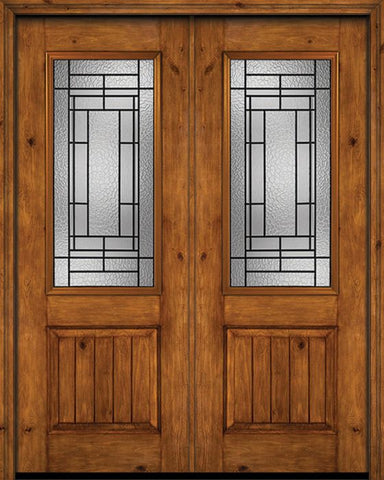 WDMA 72x96 Door (6ft by 8ft) Exterior Knotty Alder 96in Alder Rustic V-Grooved Panel 2/3 Lite Double Entry Door Pembrook Glass 1