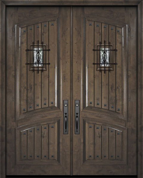 WDMA 72x96 Door (6ft by 8ft) Exterior Knotty Alder 36in x 96in Double Square Top Arch 2 Panel V-Grooved Estancia Alder Door with Speakeasy / Clavos 1