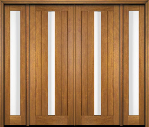 WDMA 76x80 Door (6ft4in by 6ft8in) Exterior Swing Mahogany Modern 2 Flat Panel Center Lite Shaker Double Entry Door Sidelights 1