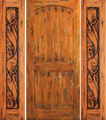 WDMA 78x80 Door (6ft6in by 6ft8in) Exterior Knotty Alder Prehung Door with Two Sidelights Clavos 1