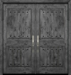 WDMA 84x80 Door (7ft by 6ft8in) Exterior Knotty Alder 42in x 80in Double 2 Panel Square V-Grooved Estancia Alder Door with Clavos 1