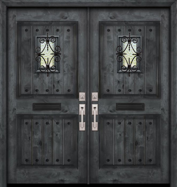 WDMA 84x80 Door (7ft by 6ft8in) Exterior Knotty Alder 42in x 80in Double 2 Panel Square V-Grooved Estancia Alder Door with Speakeasy / Clavos 1