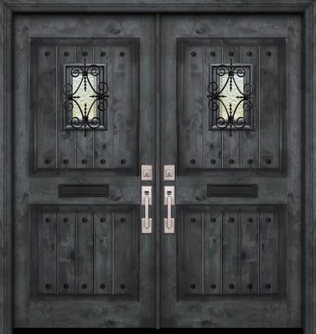 WDMA 84x80 Door (7ft by 6ft8in) Exterior Knotty Alder 42in x 80in Double 2 Panel Square V-Grooved Estancia Alder Door with Speakeasy / Clavos 1