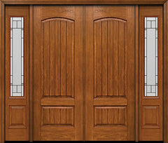 WDMA 84x96 Door (7ft by 8ft) Exterior Cherry 96in Plank Two Panel Double Entry Door Sidelights Topaz Glass 1